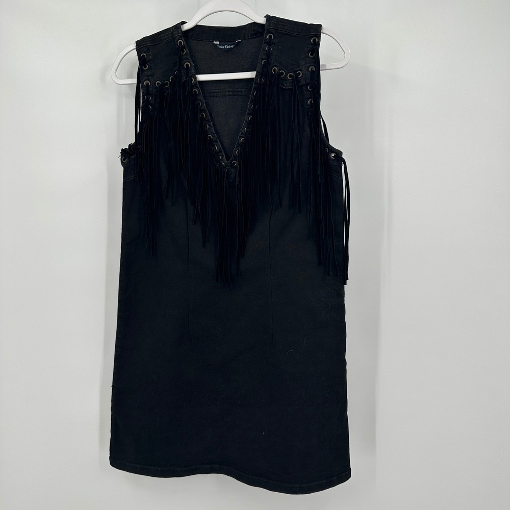 Womens Western Boho Fringe Denim Mini Dress Size S Black Festival Edgy Alt Indie